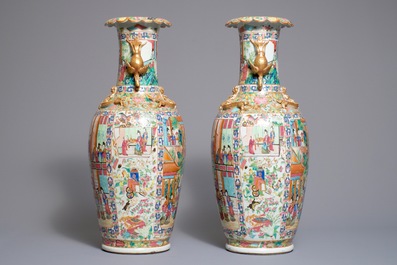 A pair of rare Chinese Canton famille rose vases with phoenix-shaped handles, 19th C.